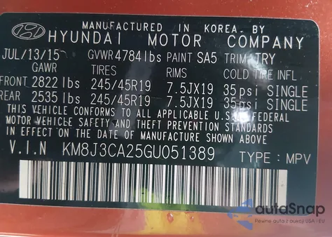 2016 Hyundai Tucson Limited z USA, uszkodzony, nr VIN KM8J3CA25GU051389